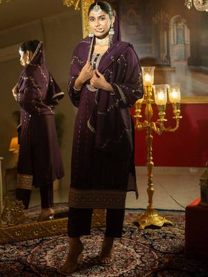 Sequinned Embroidered Round Neck Kurta With Trousers & Dupatta 2