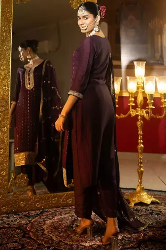 Sequinned Embroidered Round Neck Kurta With Trousers & Dupatta