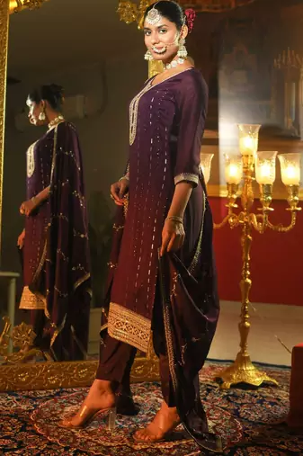 Sequinned Embroidered Round Neck Kurta With Trousers & Dupatta