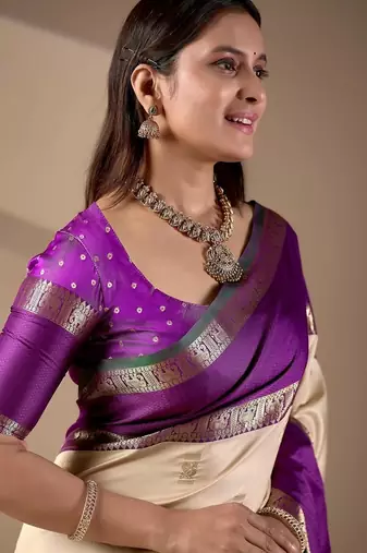Cream silk blend woven design saree with blouse