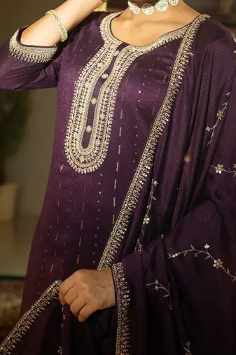 Sequinned Embroidered Round Neck Kurta With Trousers & Dupatta