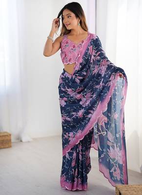 navy blue heavy chiffon mirror work saree 3