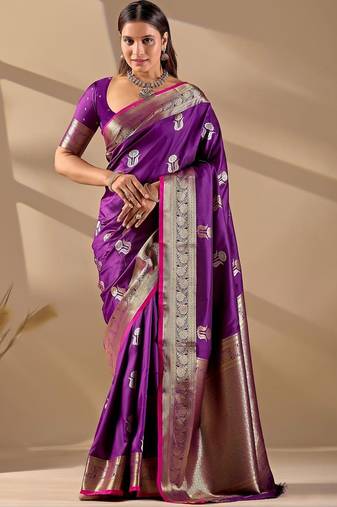 Purple silk blend woven design saree with blouse