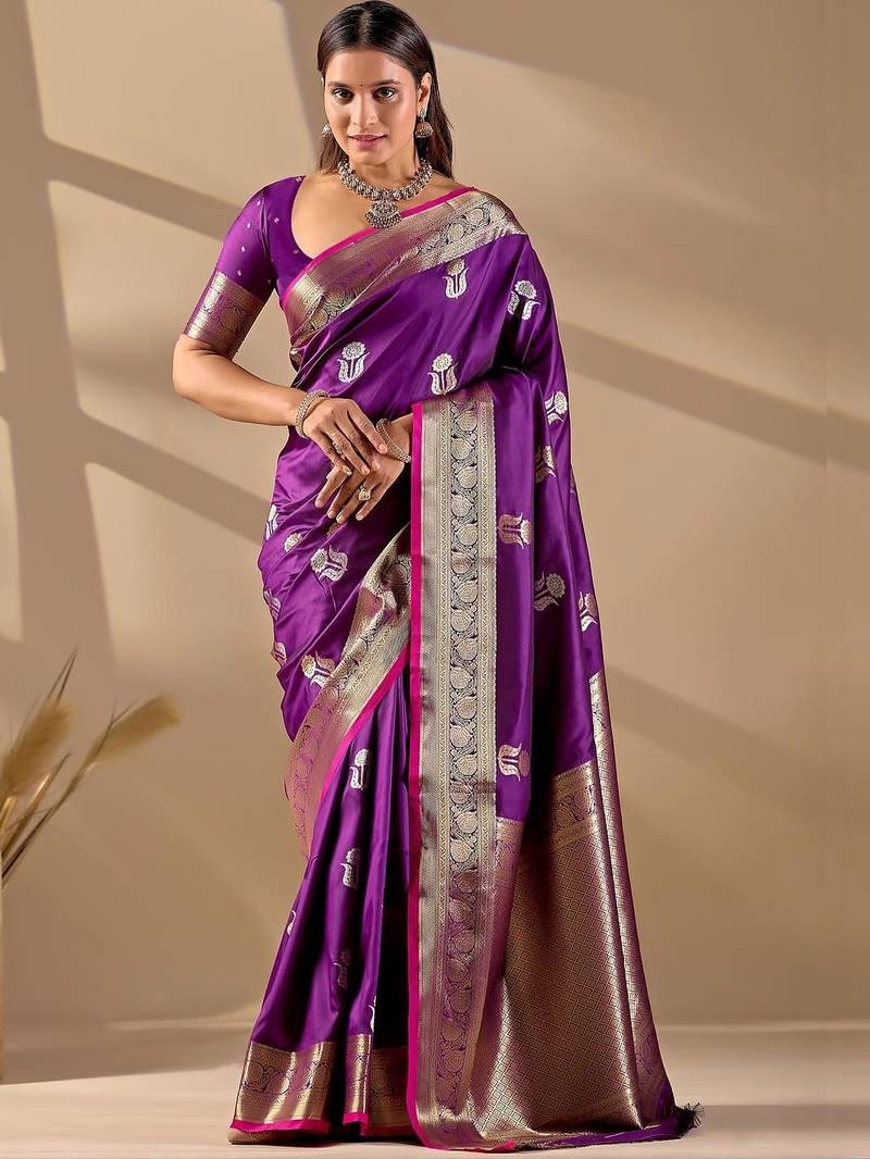 Purple silk blend woven design saree with blouse