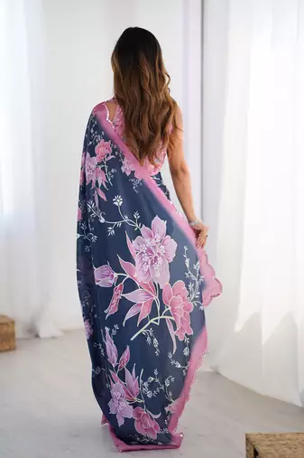 navy blue heavy chiffon mirror work saree