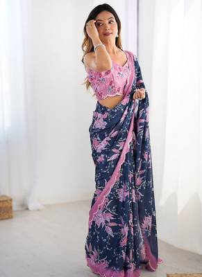 navy blue heavy chiffon mirror work saree 5