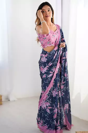 navy blue heavy chiffon mirror work saree