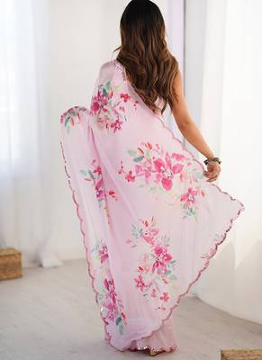 pink heavy chiffon mirror work saree 2