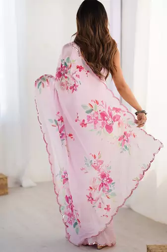 pink heavy chiffon mirror work saree