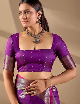 Purple silk blend woven design saree with blouse 5
