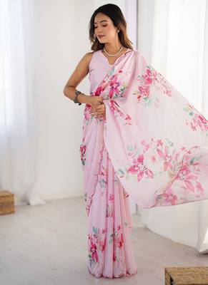pink heavy chiffon mirror work saree 3
