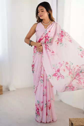 pink heavy chiffon mirror work saree