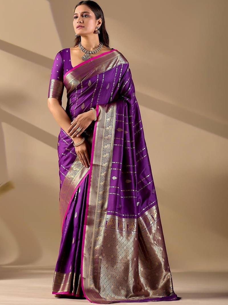 Purple silk blend woven design saree with blouse