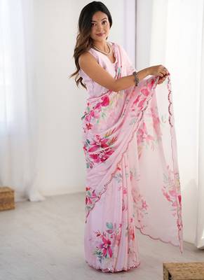 pink heavy chiffon mirror work saree 4