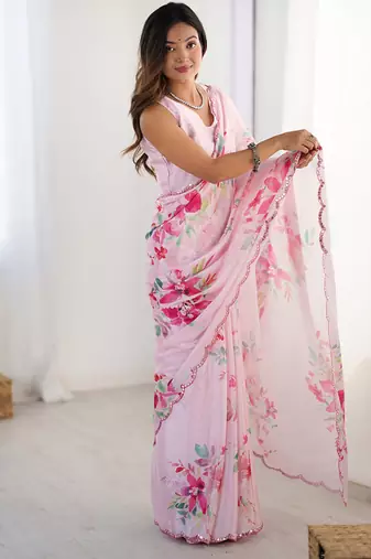 pink heavy chiffon mirror work saree