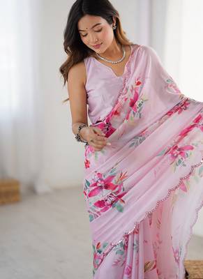 pink heavy chiffon mirror work saree 5