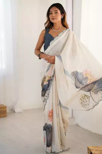 off white heavy chiffon mirror work saree