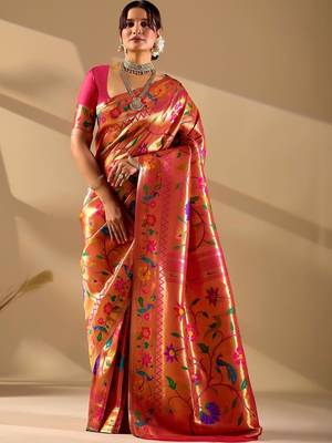 Orange silk blend woven design saree with blouse 1
