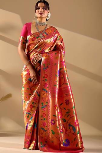 Orange silk blend woven design saree with blouse