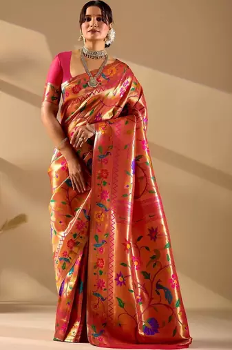 Orange silk blend woven design saree with blouse