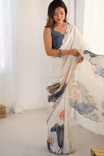 off white heavy chiffon mirror work saree
