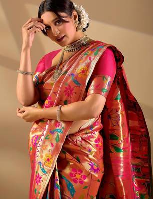 Orange silk blend woven design saree with blouse 2