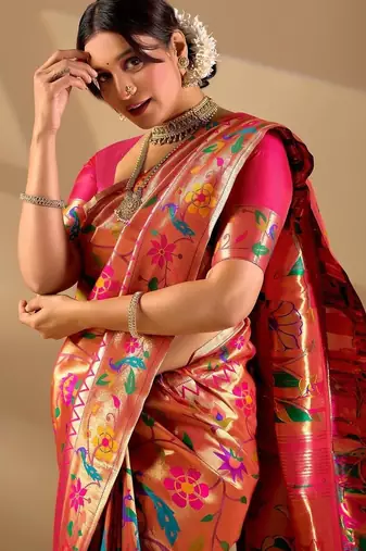 Orange silk blend woven design saree with blouse