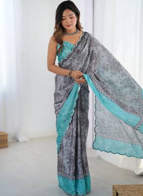 grey heavy chiffon mirror work saree 1