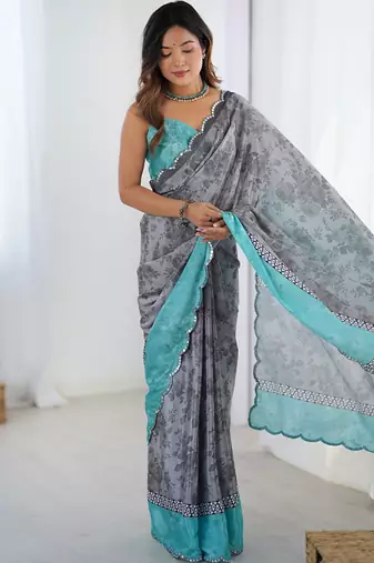 grey heavy chiffon mirror work saree