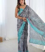 grey heavy chiffon mirror work saree