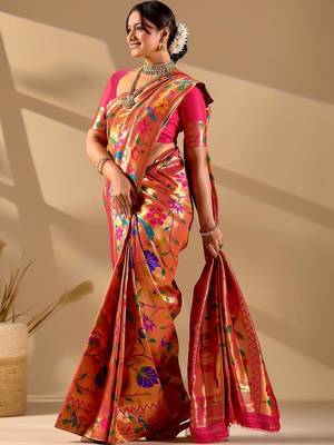 Orange silk blend woven design saree with blouse 3