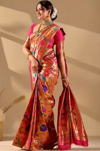 Orange silk blend woven design saree with blouse