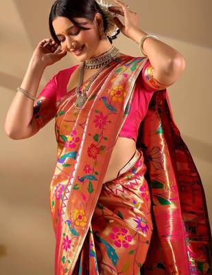 Orange silk blend woven design saree with blouse 4