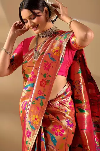 Orange silk blend woven design saree with blouse
