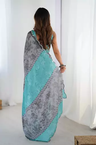 grey heavy chiffon mirror work saree