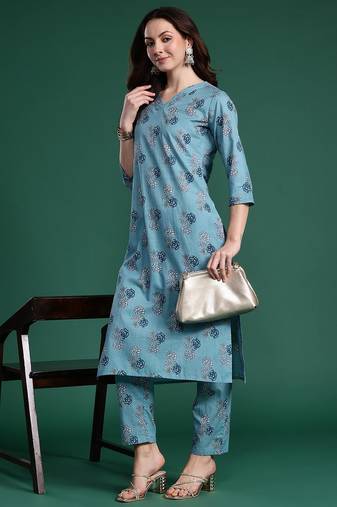 Floral Printed Regular Pure Cotton Kurta with Trousers