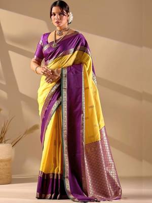 Yellow silk blend woven design saree with blouse 1