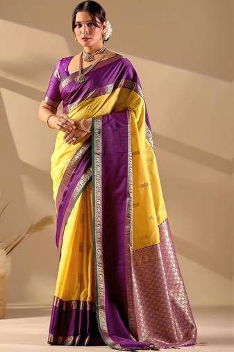 Yellow silk blend woven design saree with blouse