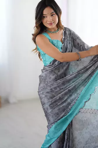 grey heavy chiffon mirror work saree