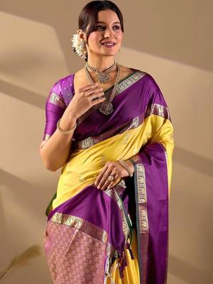 Yellow silk blend woven design saree with blouse 2