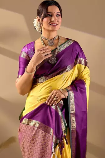 Yellow silk blend woven design saree with blouse