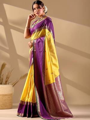 Yellow silk blend woven design saree with blouse 3