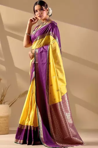 Yellow silk blend woven design saree with blouse