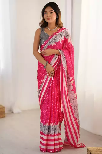 red heavy chiffon mirror work saree