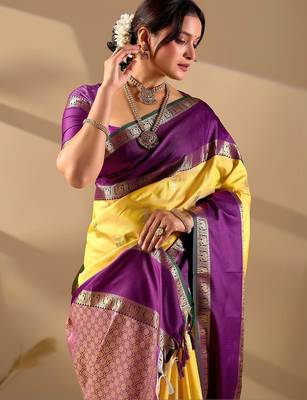 Yellow silk blend woven design saree with blouse 4