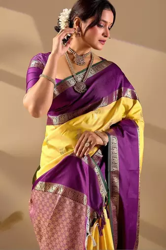 Yellow silk blend woven design saree with blouse