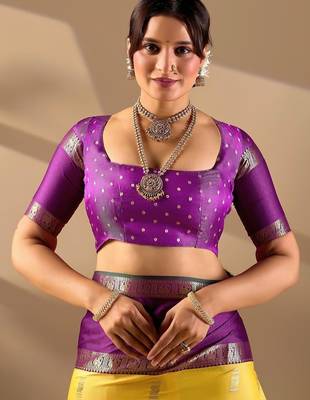 Yellow silk blend woven design saree with blouse 5