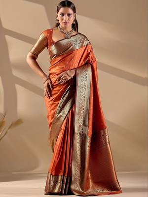 Orange silk blend woven design saree with blouse 1