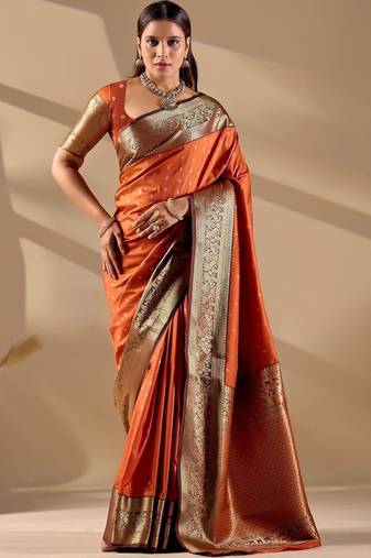 Orange silk blend woven design saree with blouse