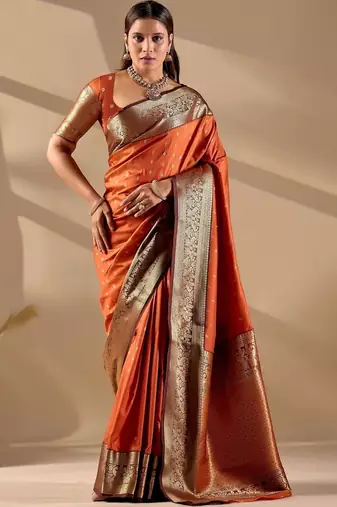 Orange silk blend woven design saree with blouse